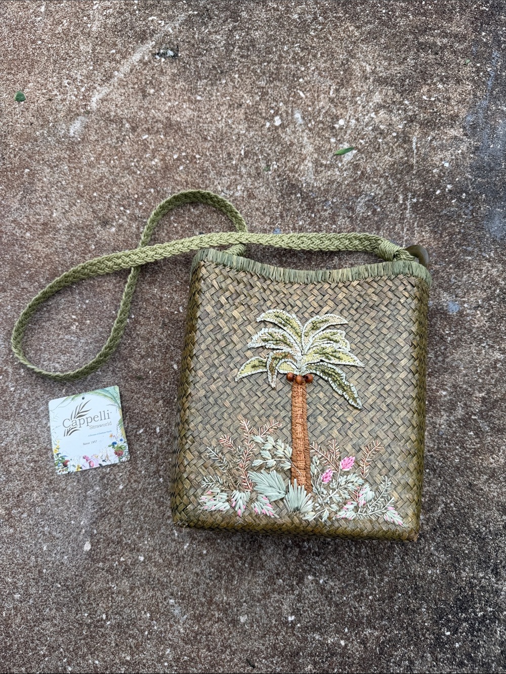 Capelli of New York Olive Green Woven Palm Embroidered Crossbody Bag. NEW